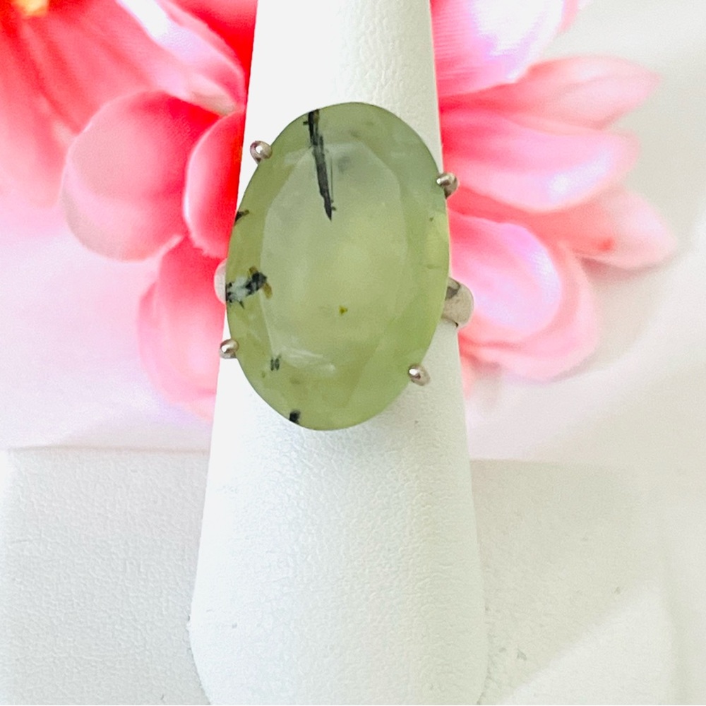 Epidote in Quartz Faceted Oval Sterling Silver Ring, Size 7